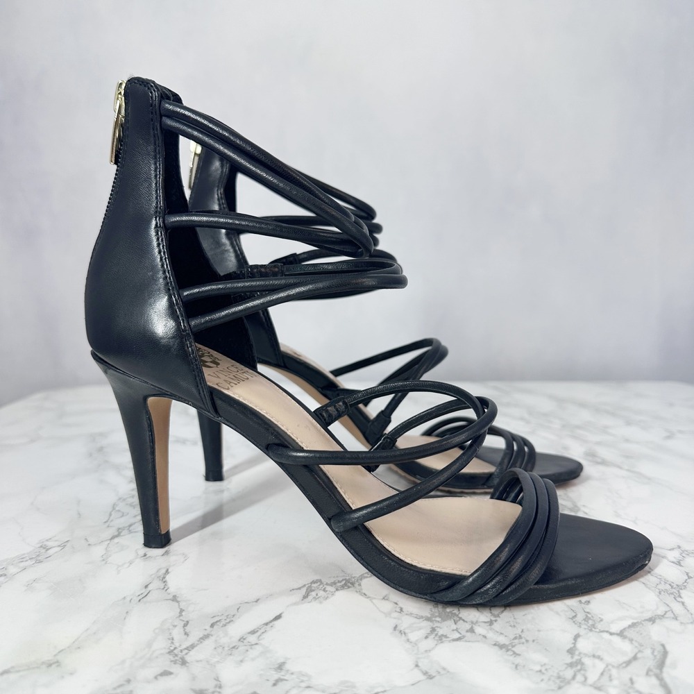 Vince Camuto Cadela Leather Black Caged Strappy Heels Sandals Women's Size 7